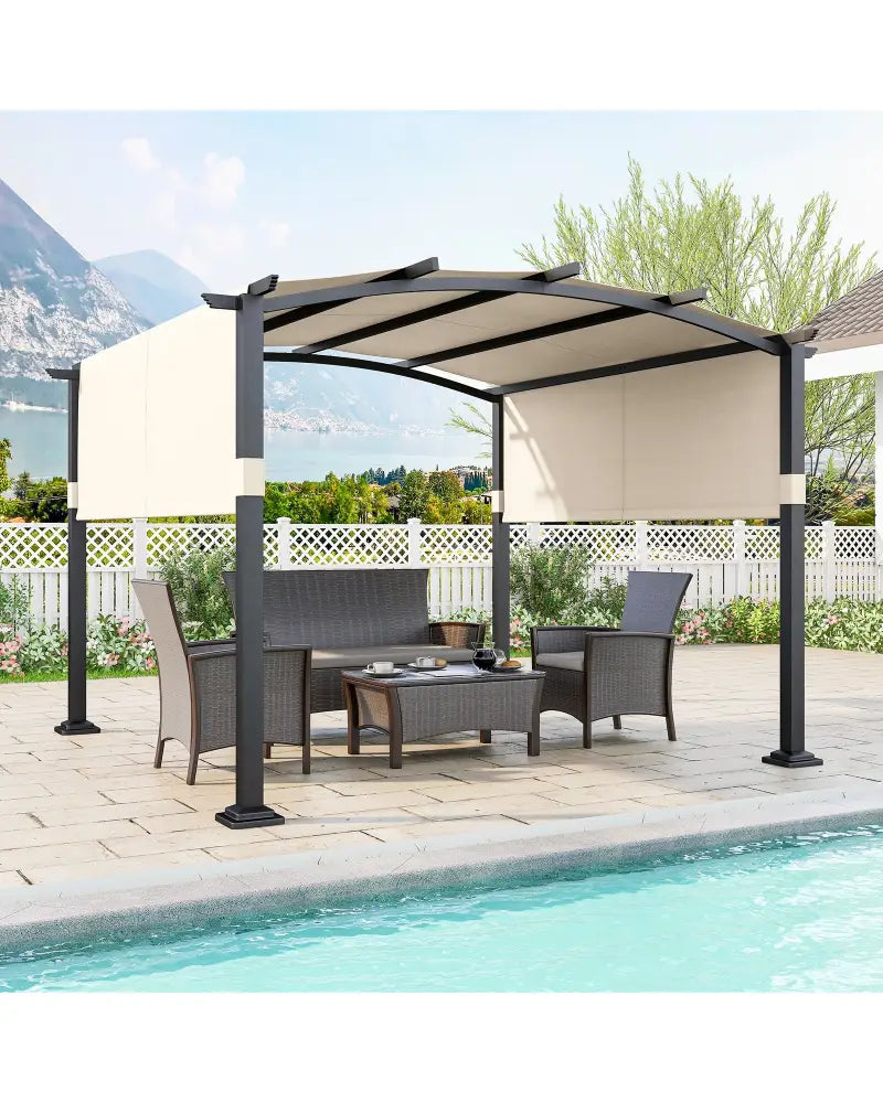 10 x 10 ft Outdoor Pergola Modern Arched Patio Garden Shelter with Retractable Sunshade Canopy-Beige - Beige - Gazebos