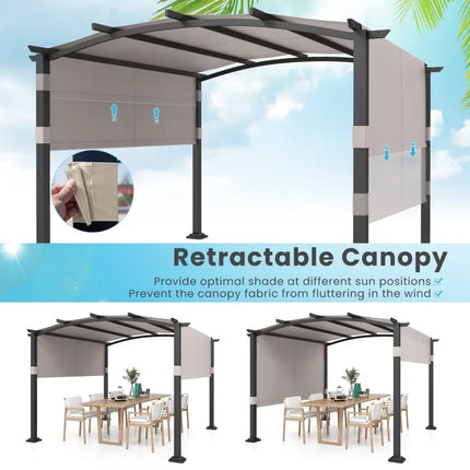 10 x 10 ft Outdoor Pergola Modern Arched Patio Garden Shelter with Retractable Sunshade Canopy-Gray - Gray - Gazebos