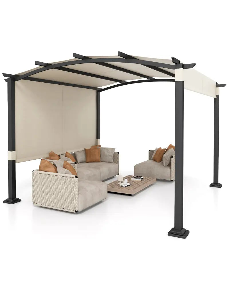 10 x 10 ft Outdoor Pergola Modern Arched Patio Garden Shelter with Retractable Sunshade Canopy-Beige - Beige - Gazebos