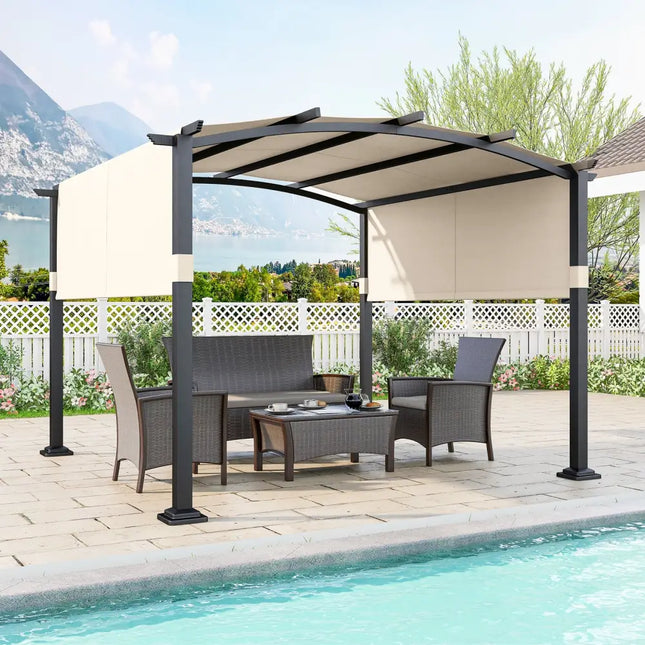10 x 10 ft Outdoor Pergola Modern Arched Patio Garden Shelter with Retractable Sunshade Canopy-Beige - Beige - Gazebos