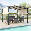 10 x 10 ft Outdoor Pergola Modern Arched Patio Garden Shelter with Retractable Sunshade Canopy-Beige - Beige - Gazebos