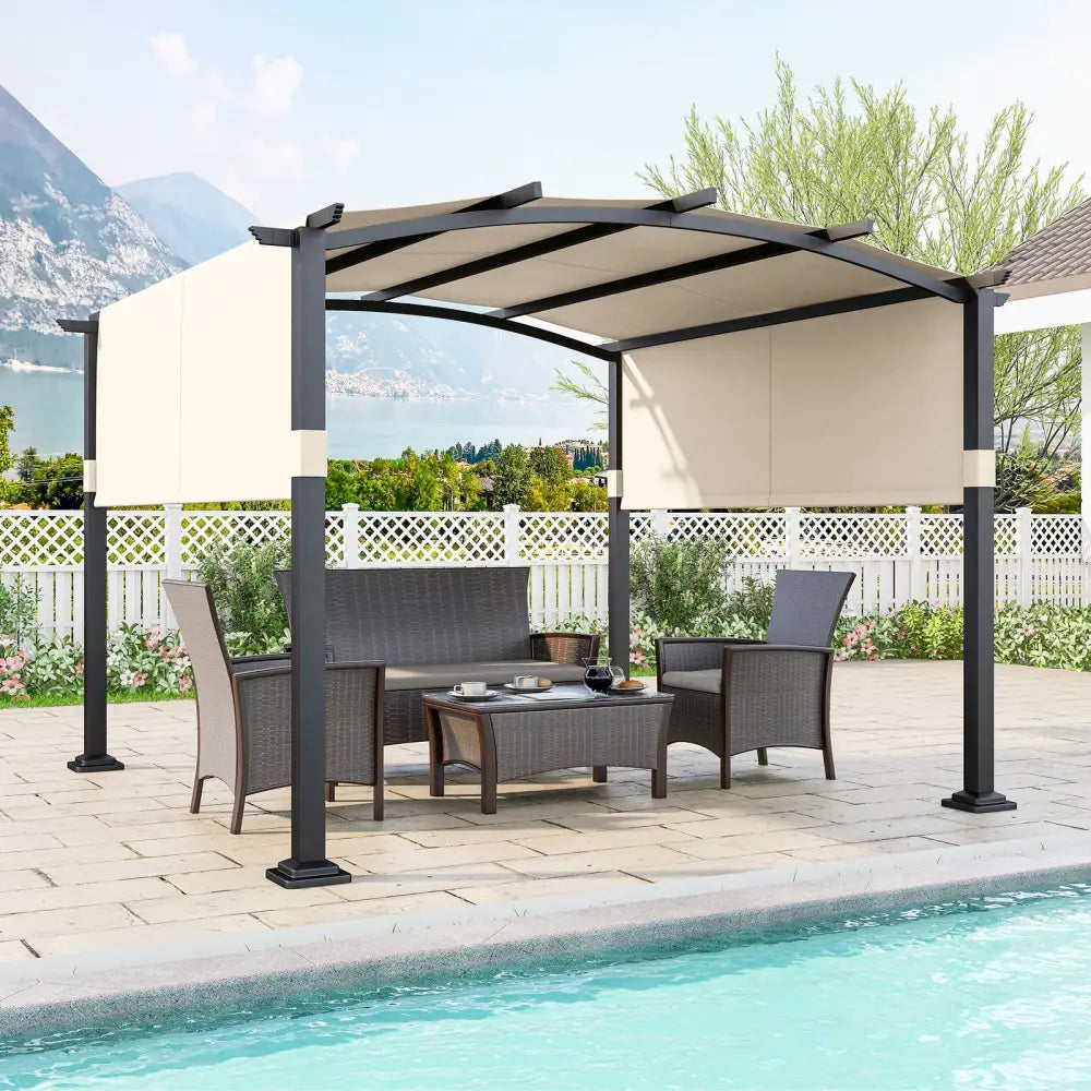 10 x 10 ft Outdoor Pergola Modern Arched Patio Garden Shelter with Retractable Sunshade Canopy-Beige - Beige - Gazebos