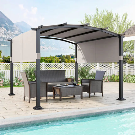 10 x 10 ft Outdoor Pergola Modern Arched Patio Garden Shelter with Retractable Sunshade Canopy-Gray - Gray - Gazebos