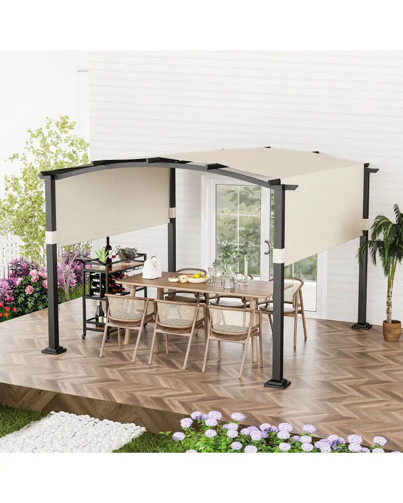 10 x 10 ft Outdoor Pergola Modern Arched Patio Garden Shelter with Retractable Sunshade Canopy-Beige - Beige - Gazebos