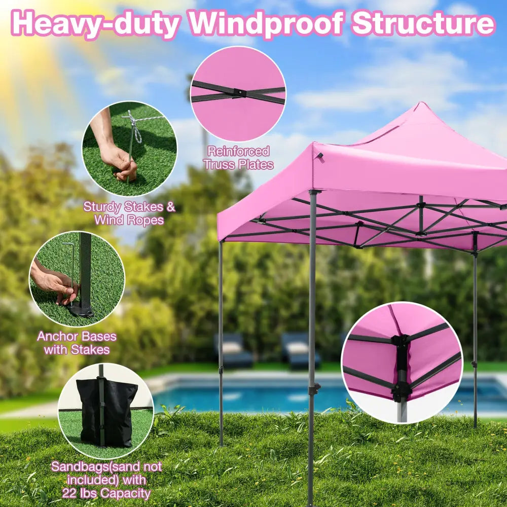 10 x 10 FT Outdoor Pop up Canopy Tent Easy Setup Gazebo Shelter with Wheeled Bag-Pink - Pink - Canopies