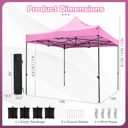 10 x 10 FT Outdoor Pop up Canopy Tent Easy Setup Gazebo Shelter with Wheeled Bag-Pink - Pink - Canopies