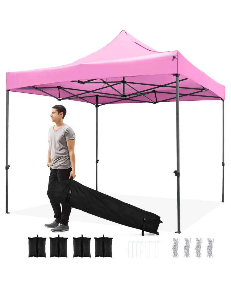 10 x 10 FT Outdoor Pop up Canopy Tent Easy Setup Gazebo Shelter with Wheeled Bag-Pink - Pink - Canopies
