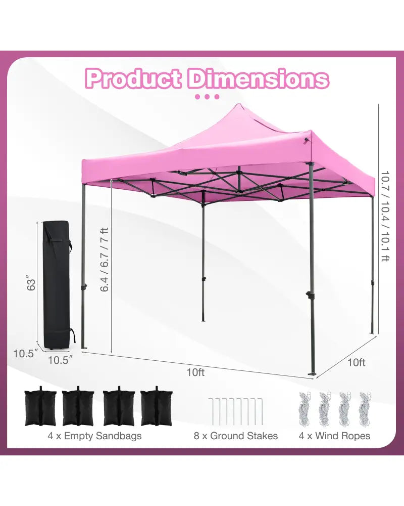 10 x 10 FT Outdoor Pop up Canopy Tent Easy Setup Gazebo Shelter with Wheeled Bag-Pink - Pink - Canopies