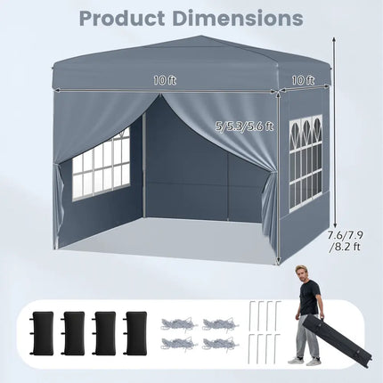 10 X 10 FT Pop up Canopy Tent Outdoor Patio Commercial Sunshade Shelter with 4 Sidewalls-Gray - Gray - Canopies