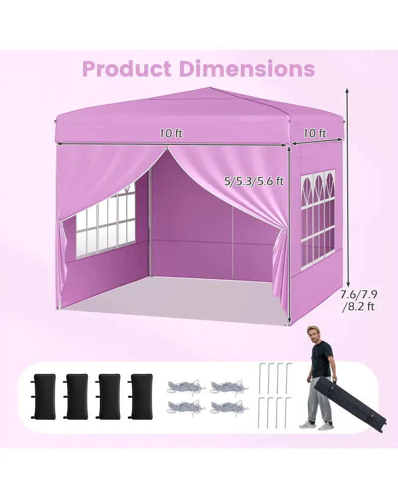 10 X 10 FT Pop up Canopy Tent Outdoor Patio Commercial Sunshade Shelter with 4 Sidewalls-Pink - Pink - Canopies