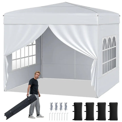 10 X 10 FT Pop up Canopy Tent Outdoor Patio Commercial Sunshade Shelter with 4 Sidewalls-White - White - Canopies