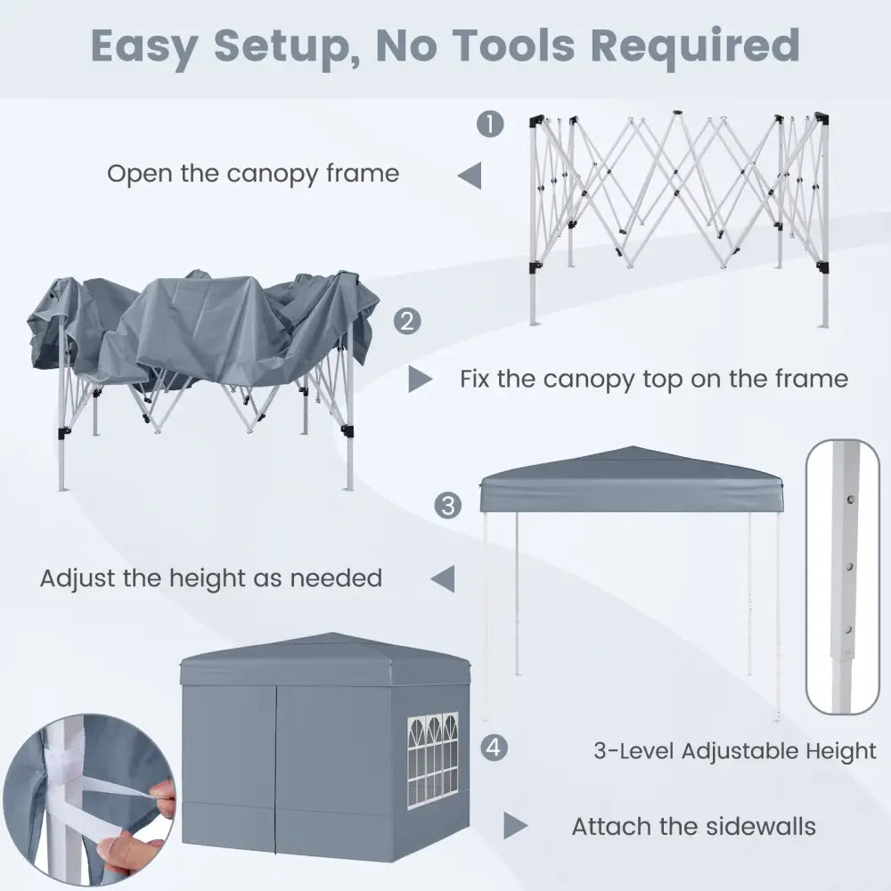 10 X 10 FT Pop up Canopy Tent Outdoor Patio Commercial Sunshade Shelter with 4 Sidewalls-Gray - Gray - Canopies