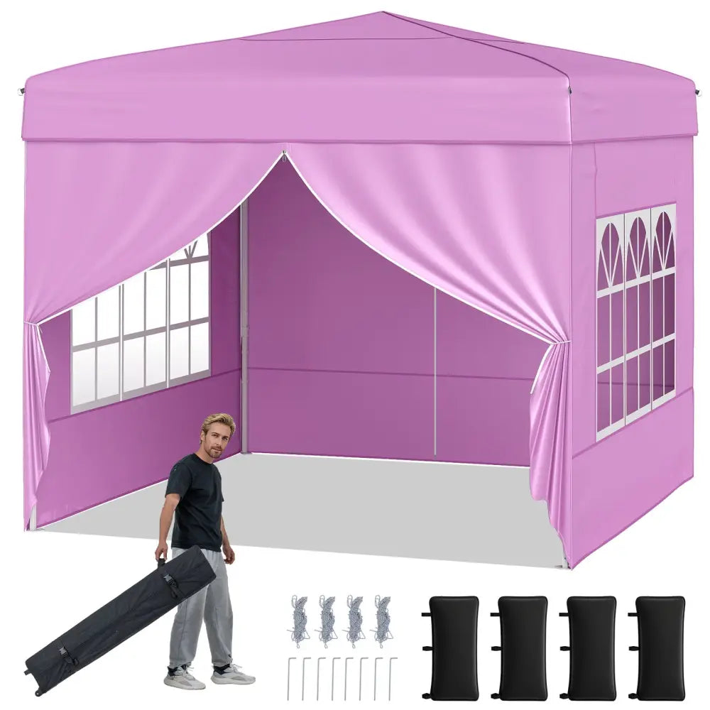 10 X 10 FT Pop up Canopy Tent Outdoor Patio Commercial Sunshade Shelter with 4 Sidewalls-Pink - Pink - Canopies
