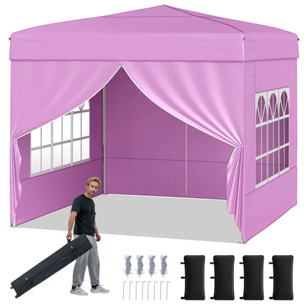 10 X 10 FT Pop up Canopy Tent Outdoor Patio Commercial Sunshade Shelter with 4 Sidewalls-Pink - Pink - Canopies