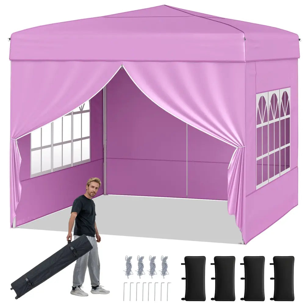 10 X 10 FT Pop up Canopy Tent Outdoor Patio Commercial Sunshade Shelter with 4 Sidewalls-Pink - Pink - Canopies