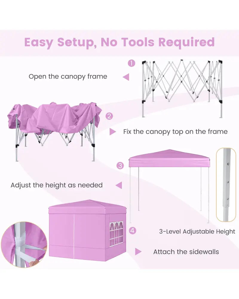 10 X 10 FT Pop up Canopy Tent Outdoor Patio Commercial Sunshade Shelter with 4 Sidewalls-Pink - Pink - Canopies