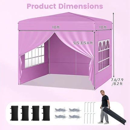 10 X 10 FT Pop up Canopy Tent Outdoor Patio Commercial Sunshade Shelter with 4 Sidewalls-Pink - Pink - Canopies