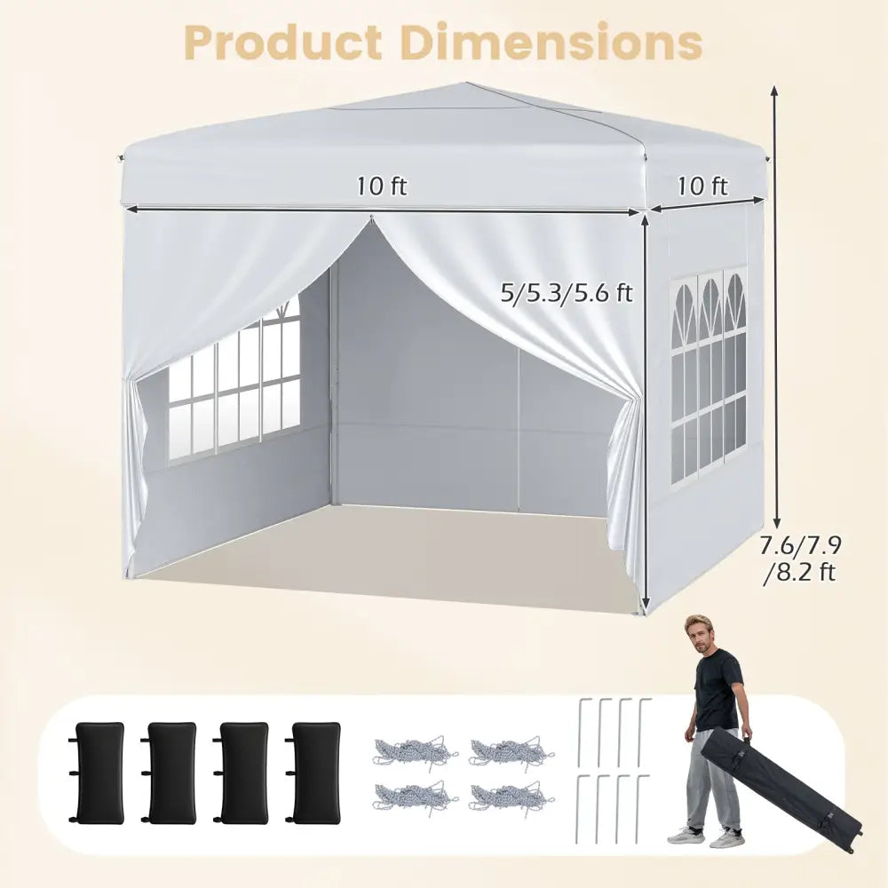 10 X 10 FT Pop up Canopy Tent Outdoor Patio Commercial Sunshade Shelter with 4 Sidewalls-White - White - Canopies