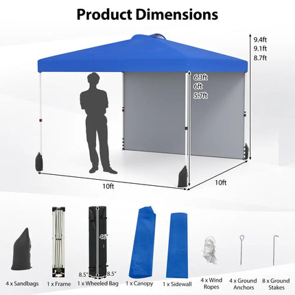 10 X 10 FT Pop up Canopy Tent with 1 Sidewall and Wheeled Bag-Blue - Blue - Canopies