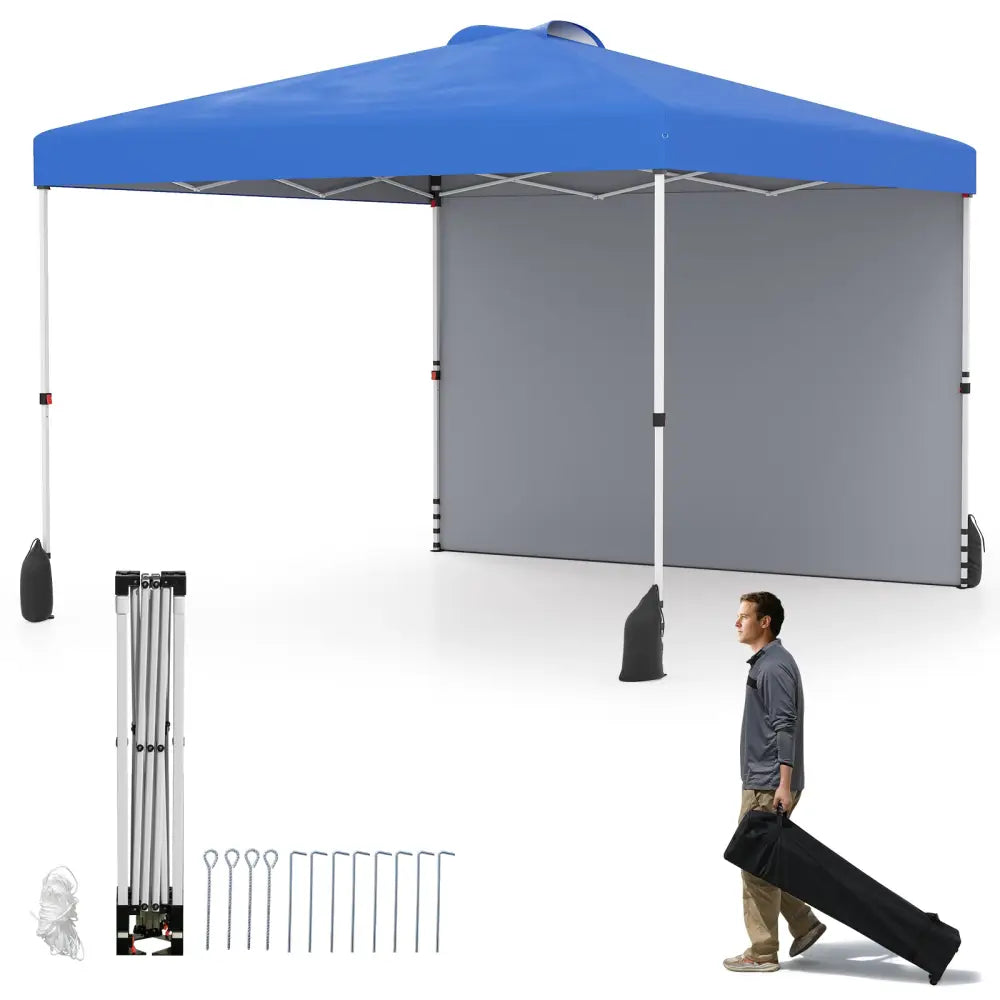 10 X 10 FT Pop up Canopy Tent with 1 Sidewall and Wheeled Bag-Blue - Blue - Canopies