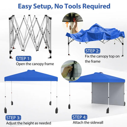 10 X 10 FT Pop up Canopy Tent with 1 Sidewall and Wheeled Bag-Blue - Blue - Canopies