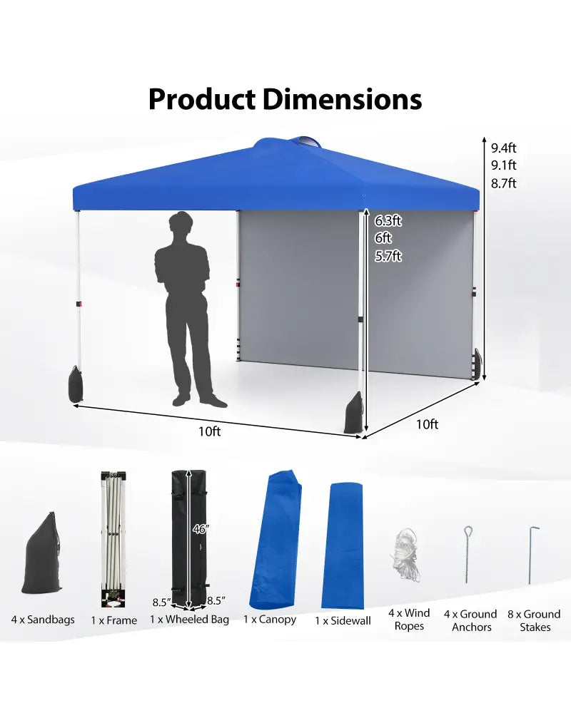 10 X 10 FT Pop up Canopy Tent with 1 Sidewall and Wheeled Bag-Blue - Blue - Canopies