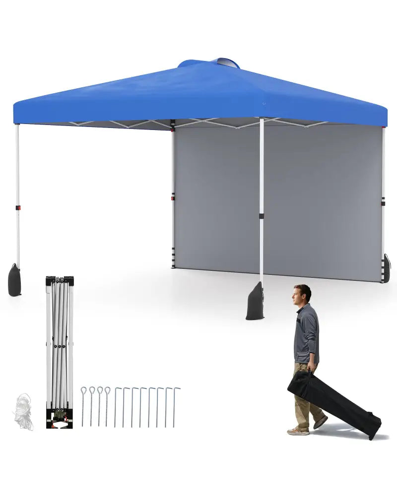 10 X 10 FT Pop up Canopy Tent with 1 Sidewall and Wheeled Bag-Blue - Blue - Canopies