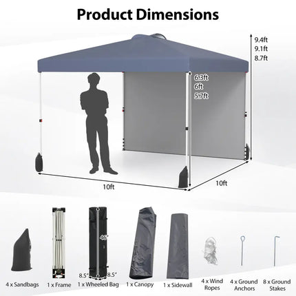10 X 10 FT Pop up Canopy Tent with 1 Sidewall and Wheeled Bag-Gray - Gray - Canopies