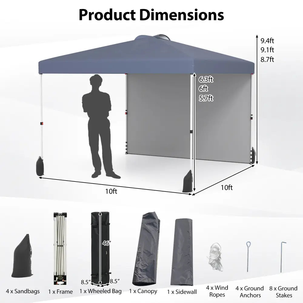 10 X 10 FT Pop up Canopy Tent with 1 Sidewall and Wheeled Bag-Gray - Gray - Canopies