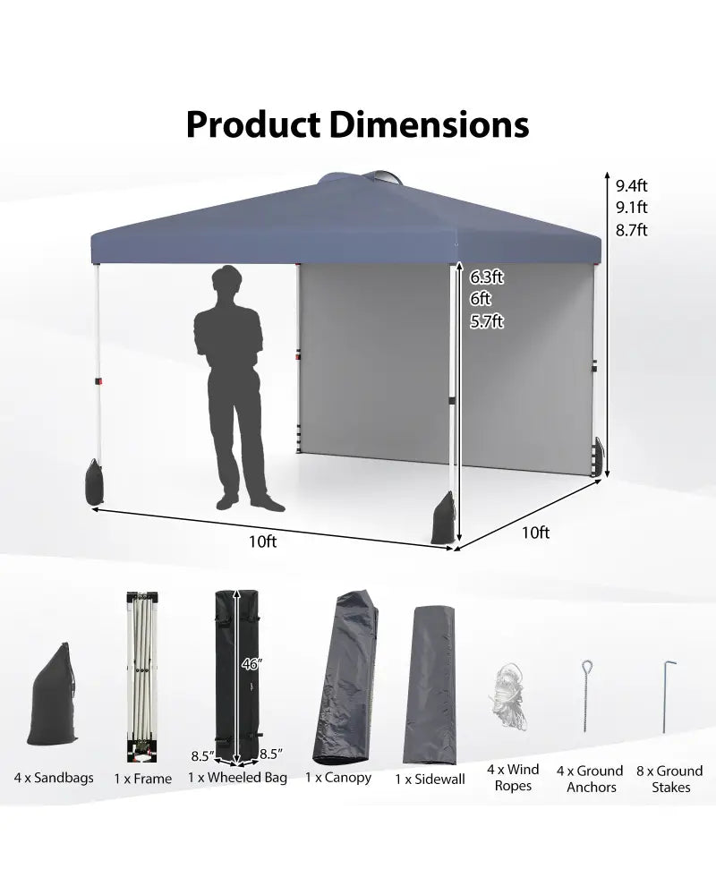 10 X 10 FT Pop up Canopy Tent with 1 Sidewall and Wheeled Bag-Gray - Gray - Canopies