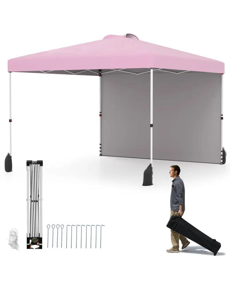 10 X 10 FT Pop up Canopy Tent with 1 Sidewall and Wheeled Bag-Pink - Pink - Canopies