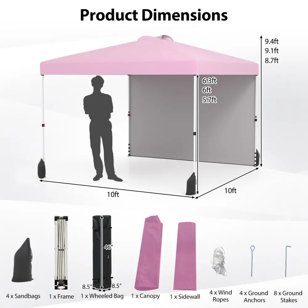 10 X 10 FT Pop up Canopy Tent with 1 Sidewall and Wheeled Bag-Pink - Pink - Canopies