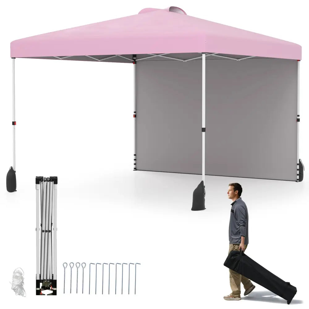 10 X 10 FT Pop up Canopy Tent with 1 Sidewall and Wheeled Bag-Pink - Pink - Canopies