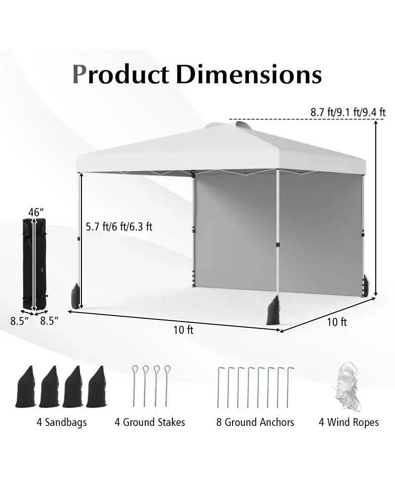10 X 10 FT Pop up Canopy Tent with 1 Sidewall and Wheeled Bag-White - White - Canopies
