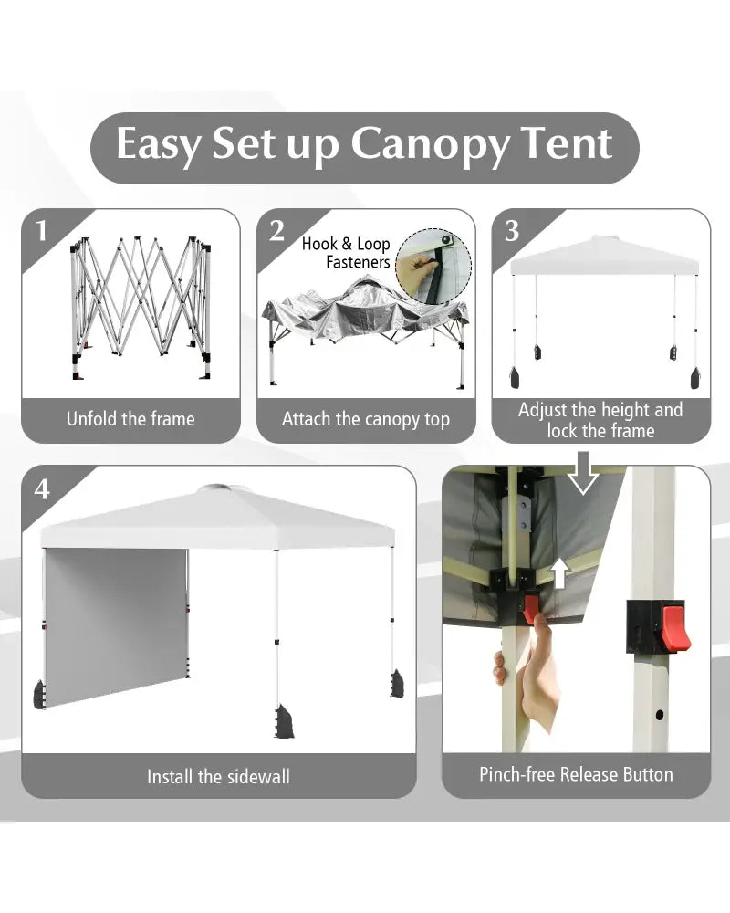 10 X 10 FT Pop up Canopy Tent with 1 Sidewall and Wheeled Bag-White - White - Canopies