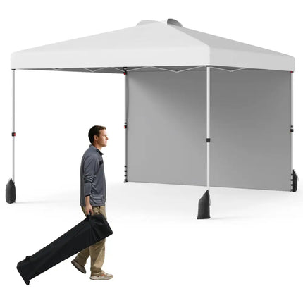 10 X 10 FT Pop up Canopy Tent with 1 Sidewall and Wheeled Bag-White - White - Canopies