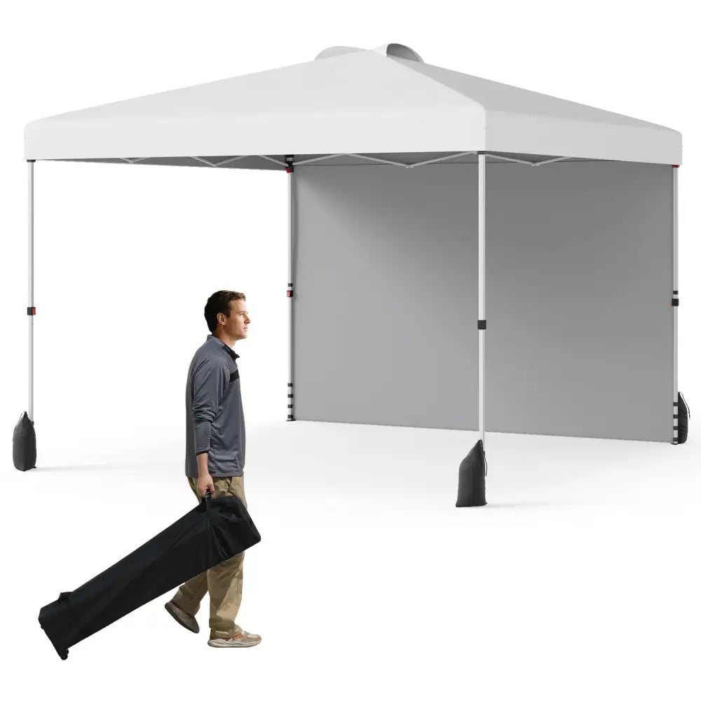 10 X 10 FT Pop up Canopy Tent with 1 Sidewall and Wheeled Bag-White - White - Canopies