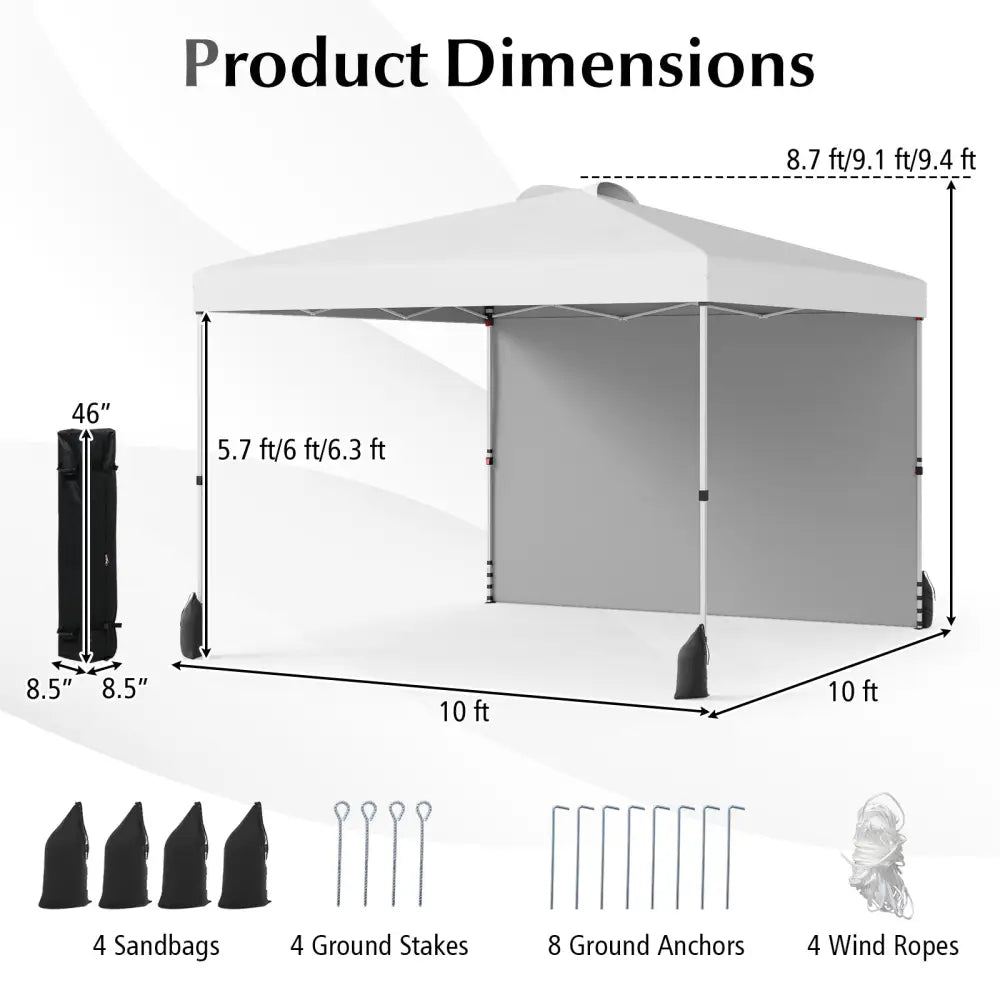 10 X 10 FT Pop up Canopy Tent with 1 Sidewall and Wheeled Bag-White - White - Canopies