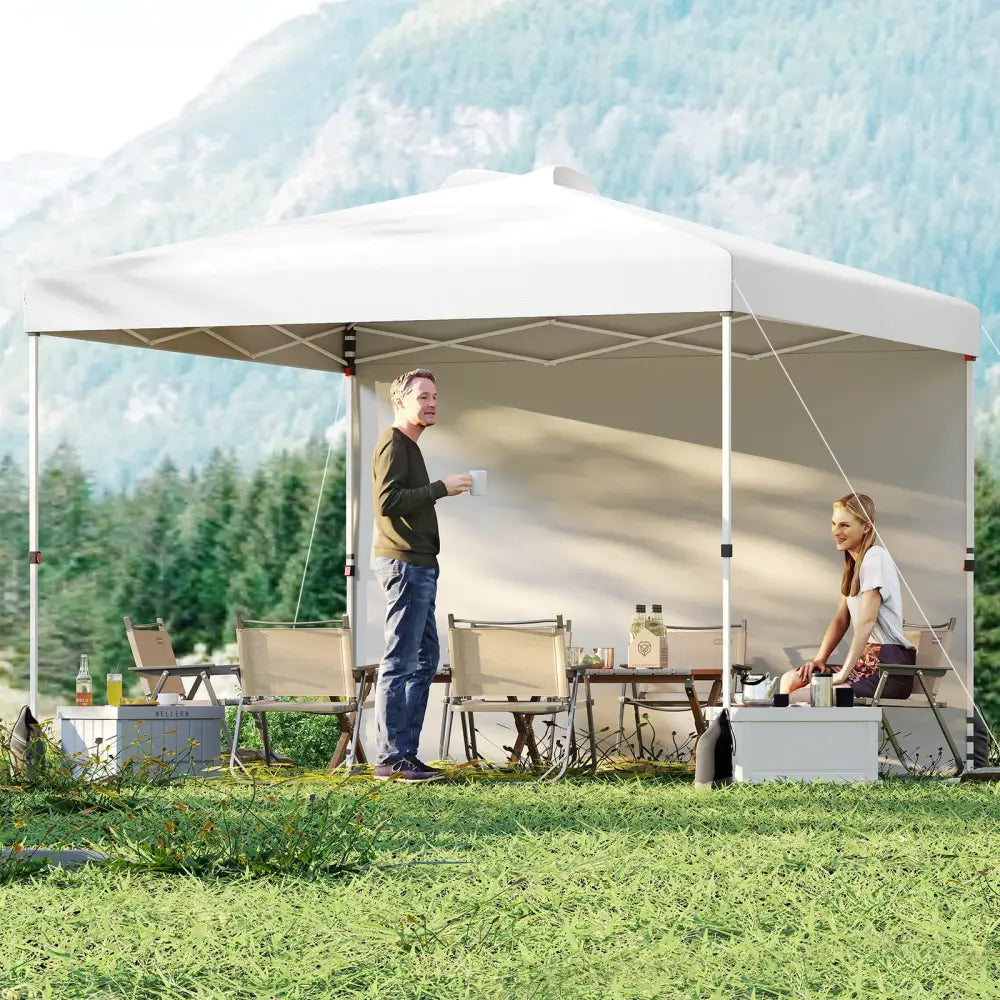 10 X 10 FT Pop up Canopy Tent with 1 Sidewall and Wheeled Bag-White - White - Canopies