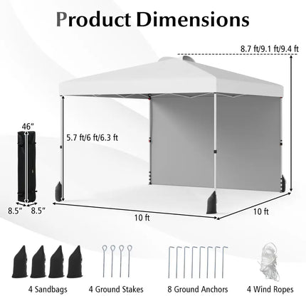 10 X 10 FT Pop up Canopy Tent with 1 Sidewall and Wheeled Bag-White - White - Canopies
