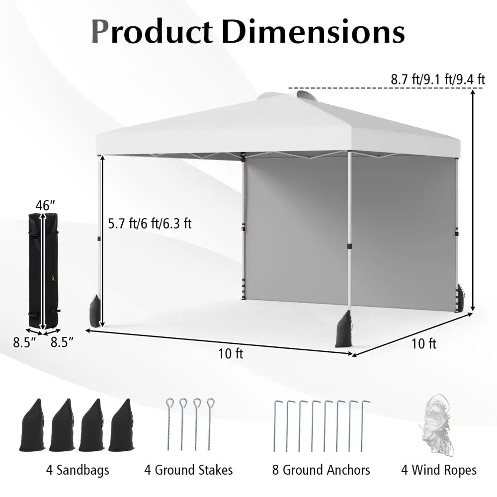 10 X 10 FT Pop up Canopy Tent with 1 Sidewall and Wheeled Bag-White - White - Canopies