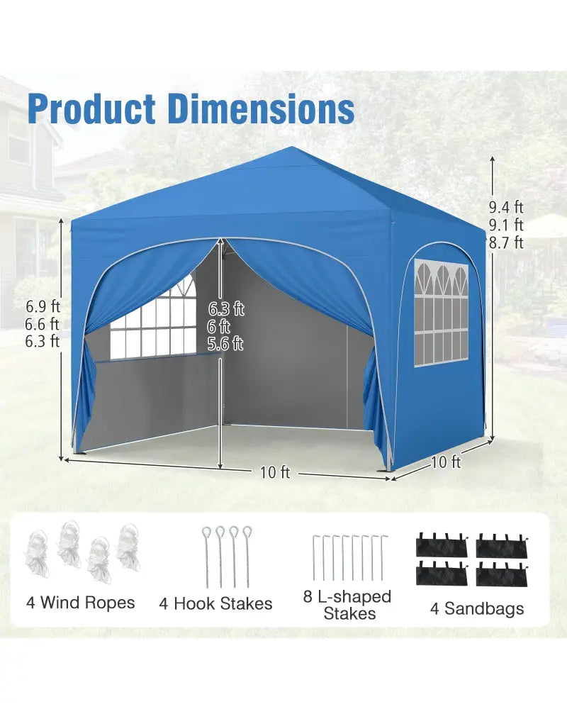 10 X 10 FT Pop up Canopy Tent with 4 Removable Sidewall-Blue - Blue - Canopies