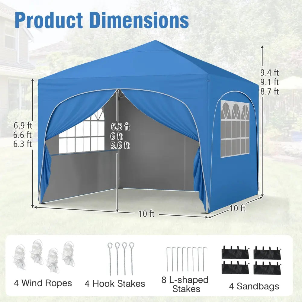 10 X 10 FT Pop up Canopy Tent with 4 Removable Sidewall-Blue - Blue - Canopies
