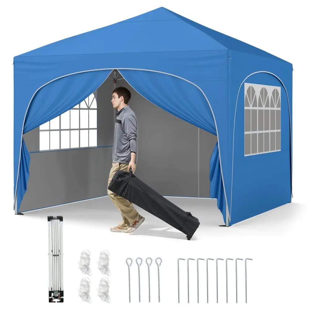 10 X 10 FT Pop up Canopy Tent with 4 Removable Sidewall-Blue - Blue - Canopies