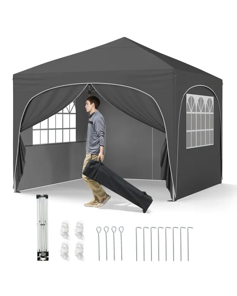 10 X 10 FT Pop up Canopy Tent with 4 Removable Sidewall-Gray - Gray - Canopies