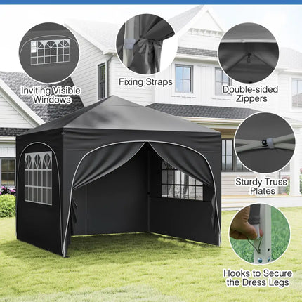 10 X 10 FT Pop up Canopy Tent with 4 Removable Sidewall-Gray - Gray - Canopies