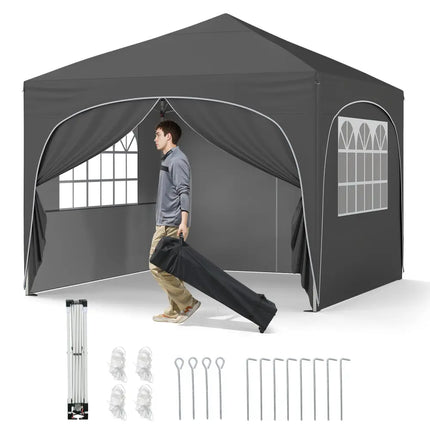 10 X 10 FT Pop up Canopy Tent with 4 Removable Sidewall-Gray - Gray - Canopies