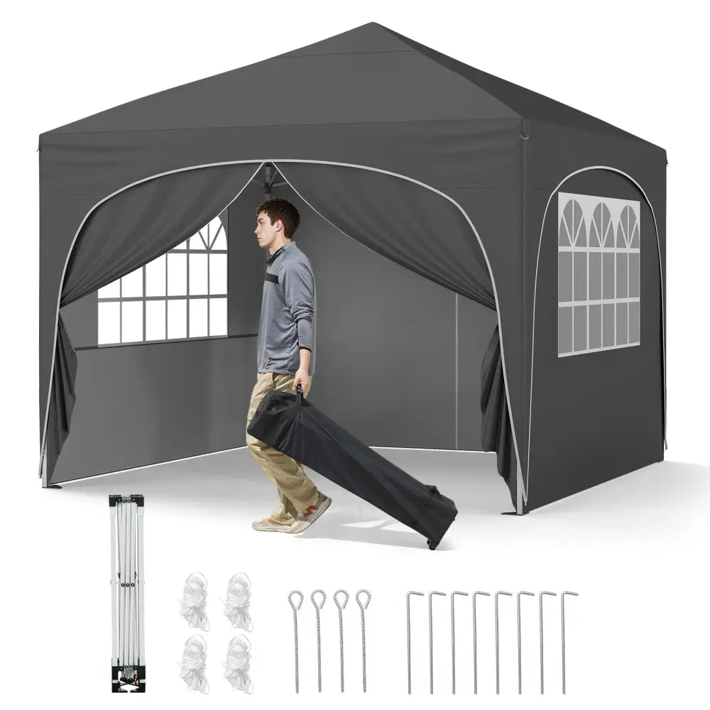 10 X 10 FT Pop up Canopy Tent with 4 Removable Sidewall-Gray - Gray - Canopies