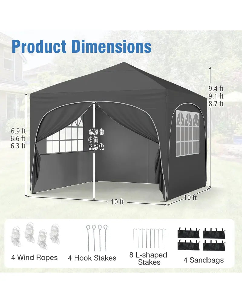 10 X 10 FT Pop up Canopy Tent with 4 Removable Sidewall-Gray - Gray - Canopies