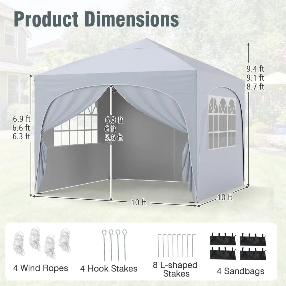10 X 10 FT Pop up Canopy Tent with 4 Removable Sidewall-White - White - Canopies